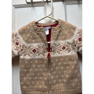 JANIE & JACK wool blend full zip fair isle sweater in tan white 2T